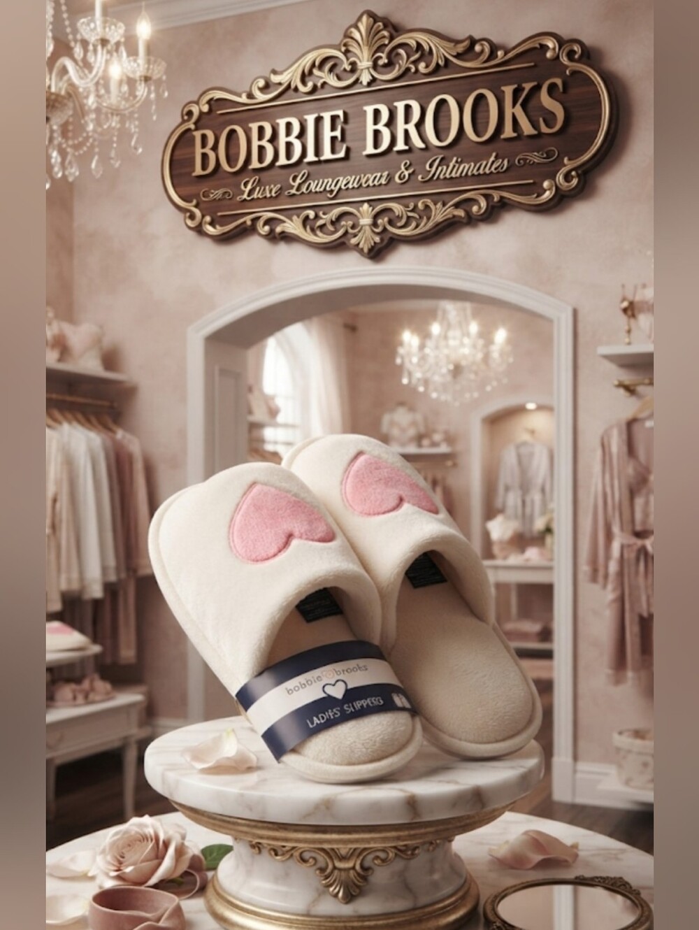 Bobbie Brooks Plush Cream Slippers with Pink Hearts L/XL